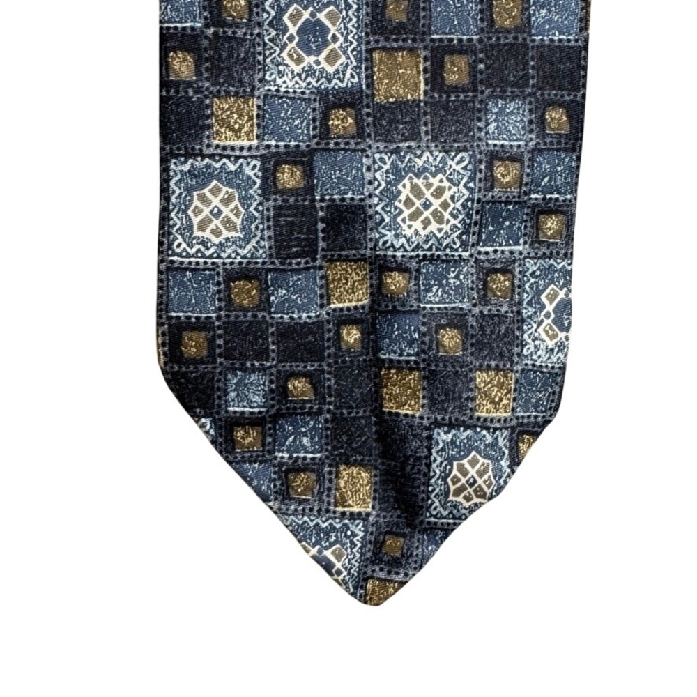 Barrington Mens Silk Tie Navy Blue Gold Geometric Patchwork Medallion RN 43170
